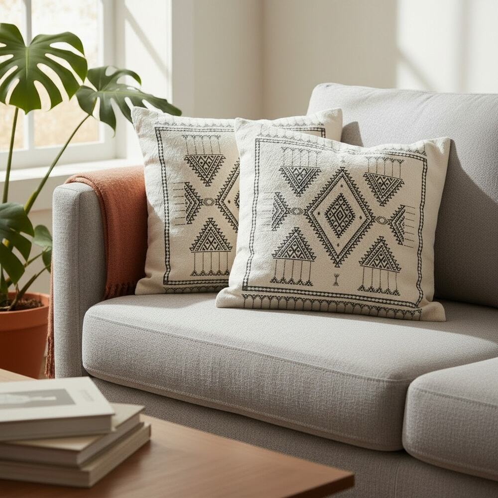 H&M Home Cream Aztec Graphics Cotton Burlap Square Pillow Covers Set of 2